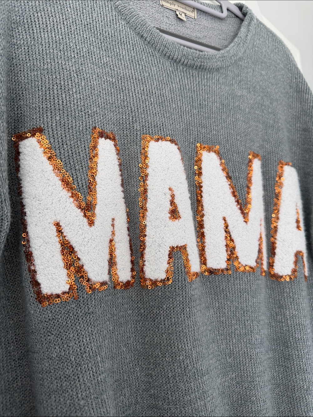 Simply Southern “MAMA” Sequin Gray Knit Pullover Crew- Womens M - Picture 2 of 6